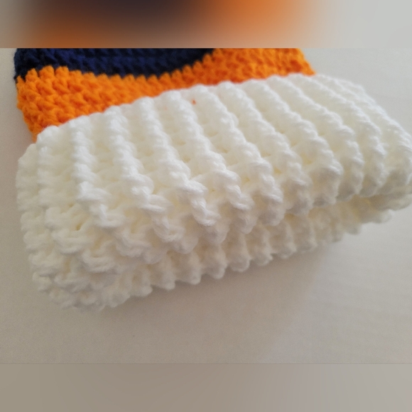 Striped Orange, Blue, and White Unisex Knit Crochet Stocking Cap Hat - Picture 2 of 3